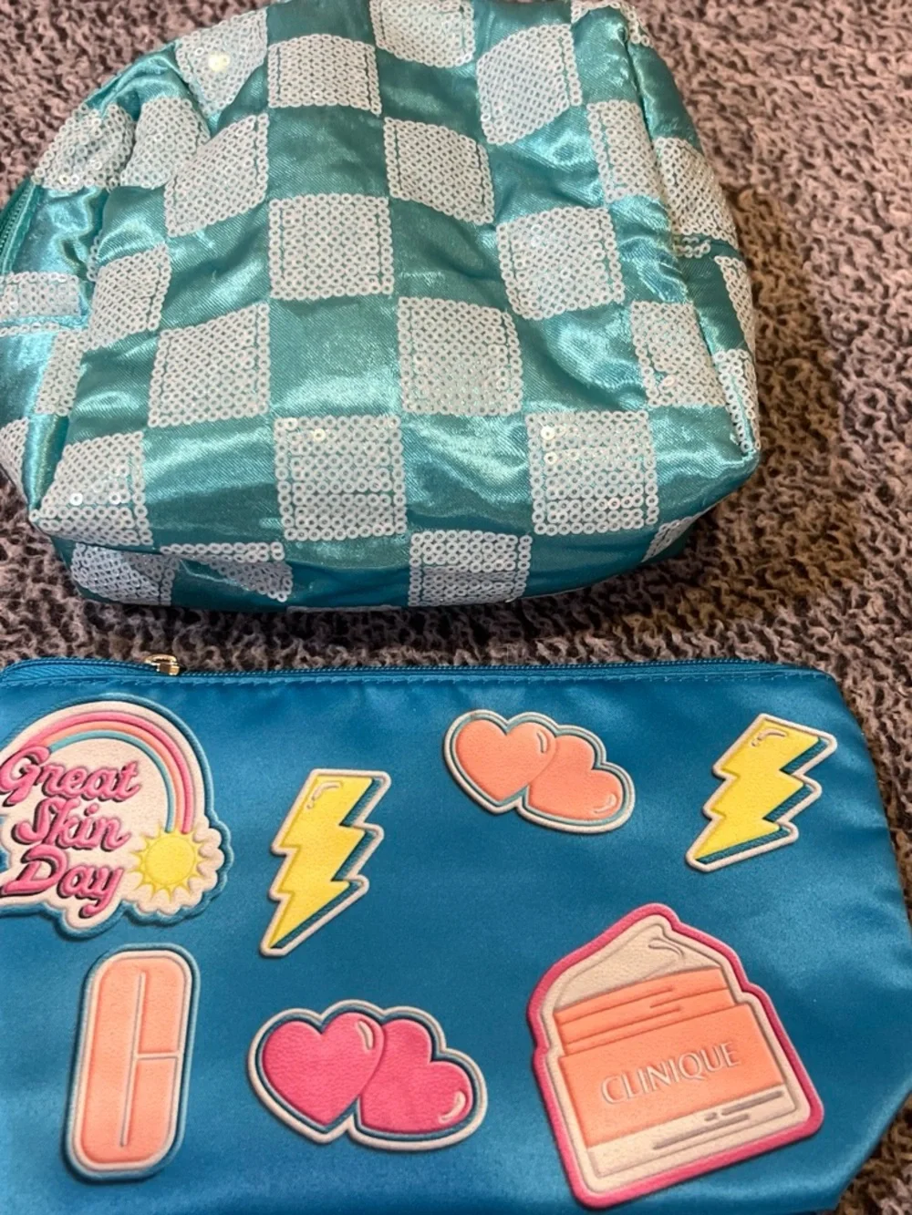 Ulta Teal and Aqua Sequin Checker + Clinique Blue Patch Cosmetic Pouches